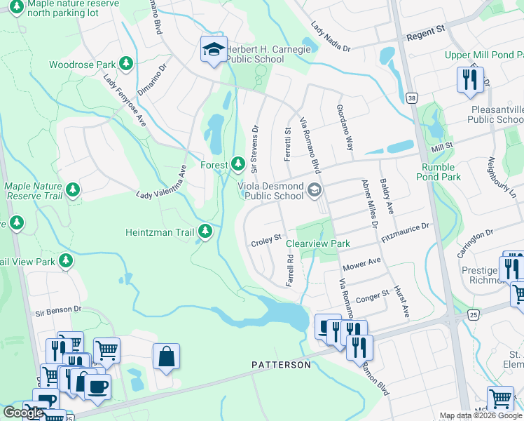 map of restaurants, bars, coffee shops, grocery stores, and more near 109 Farrell Road in Vaughan