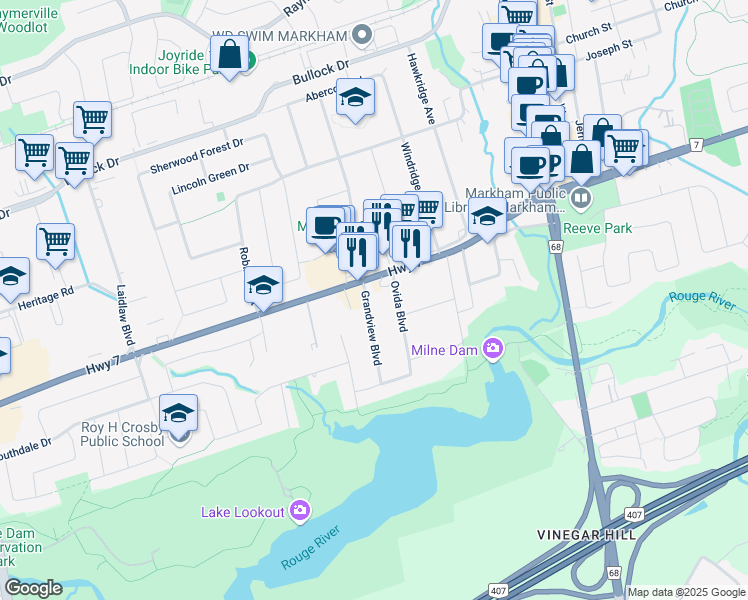 map of restaurants, bars, coffee shops, grocery stores, and more near 3 Grandview Boulevard in Markham