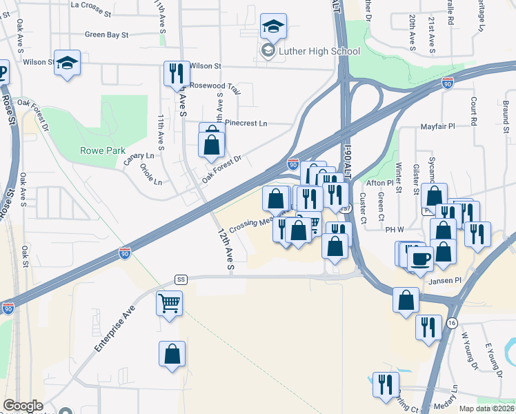 map of restaurants, bars, coffee shops, grocery stores, and more near 1211 Crossing Meadows Drive in Onalaska