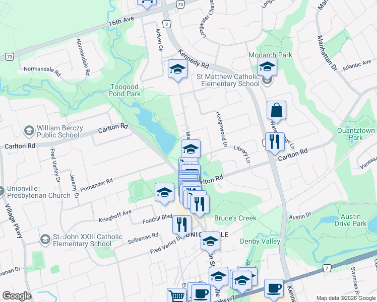 map of restaurants, bars, coffee shops, grocery stores, and more near 232 Main Unionville Street in Markham
