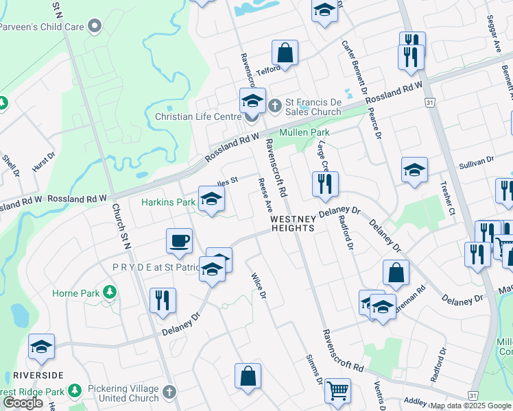 map of restaurants, bars, coffee shops, grocery stores, and more near in Ajax