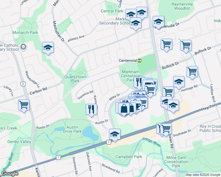 map of restaurants, bars, coffee shops, grocery stores, and more near 31 Madsen Crescent in Markham