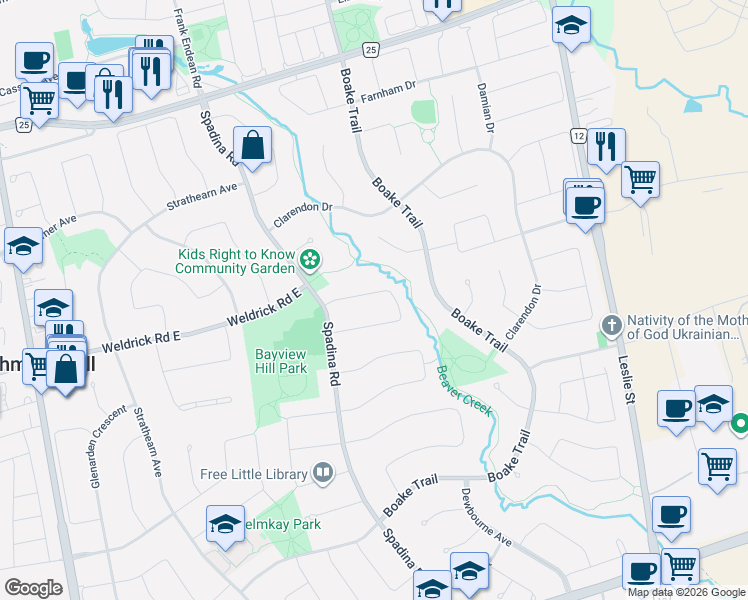map of restaurants, bars, coffee shops, grocery stores, and more near 48 Brookshill Crescent in Richmond Hill