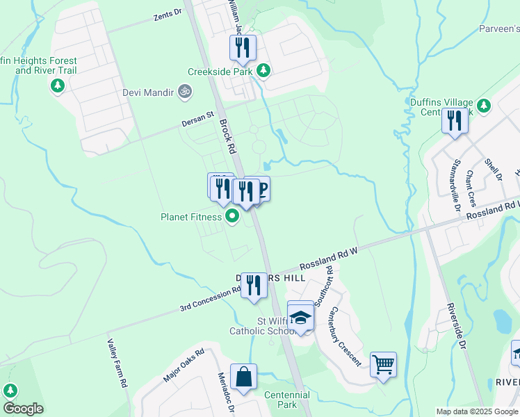 map of restaurants, bars, coffee shops, grocery stores, and more near 2465 Brock Road in Pickering