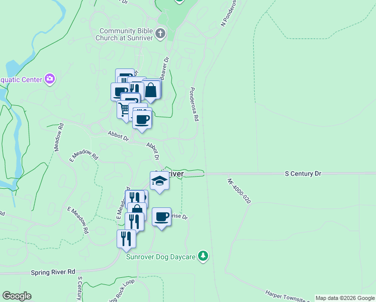 map of restaurants, bars, coffee shops, grocery stores, and more near 56998 Coyote Lane in Sunriver