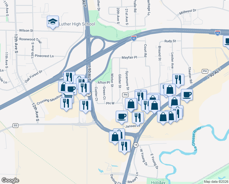 map of restaurants, bars, coffee shops, grocery stores, and more near 635 Winter Street in Onalaska
