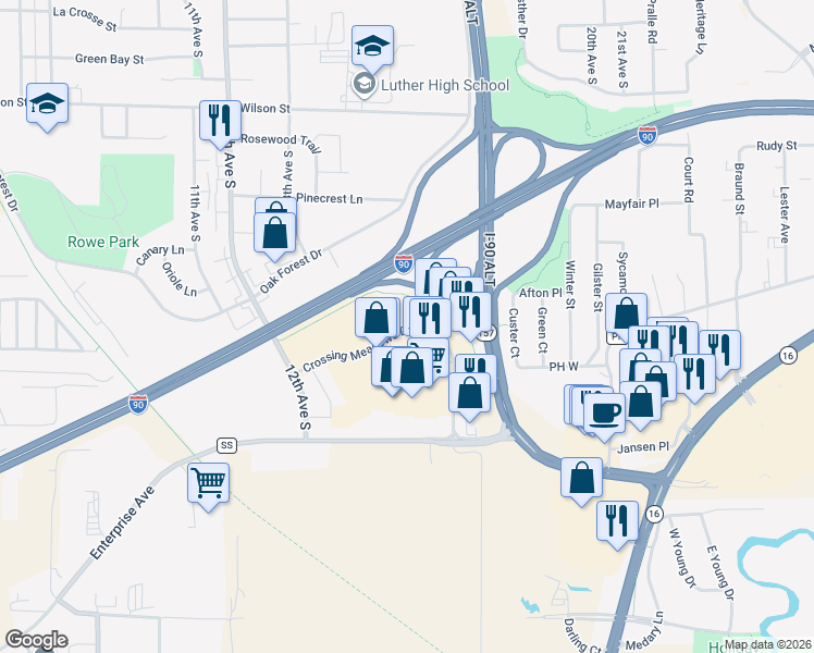 map of restaurants, bars, coffee shops, grocery stores, and more near 1211 Crossing Meadows Drive in Onalaska