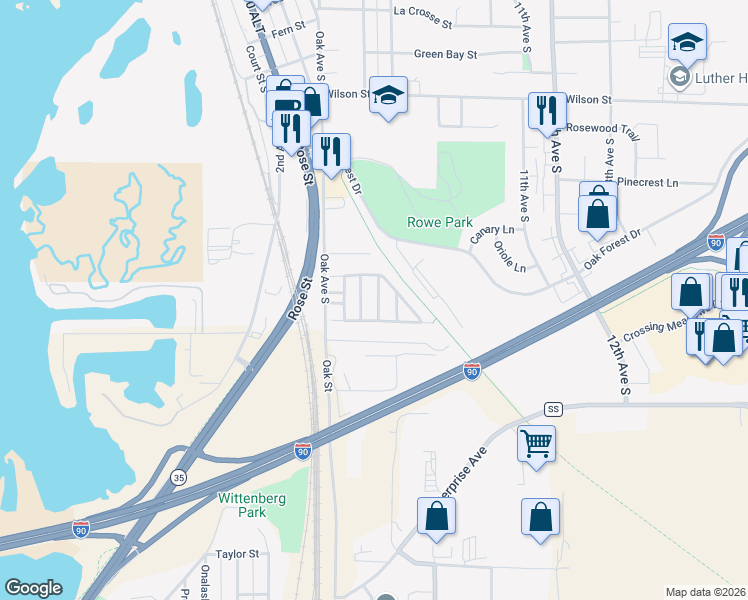 map of restaurants, bars, coffee shops, grocery stores, and more near 1025 Oak Avenue South in Onalaska