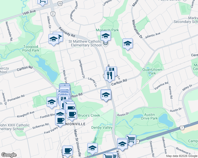 map of restaurants, bars, coffee shops, grocery stores, and more near 39 Harpers Croft in Markham