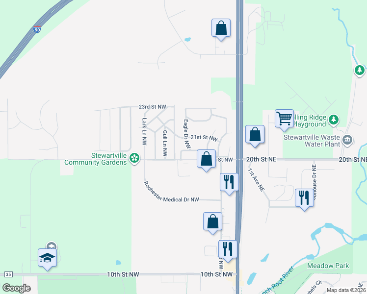 map of restaurants, bars, coffee shops, grocery stores, and more near 316 20 1/2 Street Northwest in Stewartville