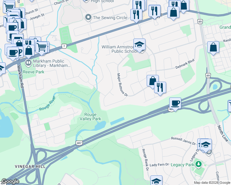 map of restaurants, bars, coffee shops, grocery stores, and more near 5 Thomas Kinnear Court in Markham