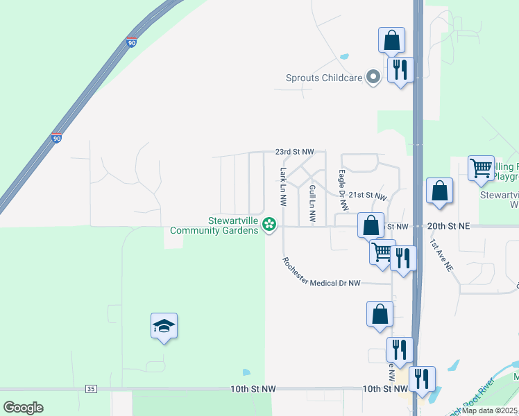 map of restaurants, bars, coffee shops, grocery stores, and more near 2011 Mockingbird Place Northwest in Stewartville