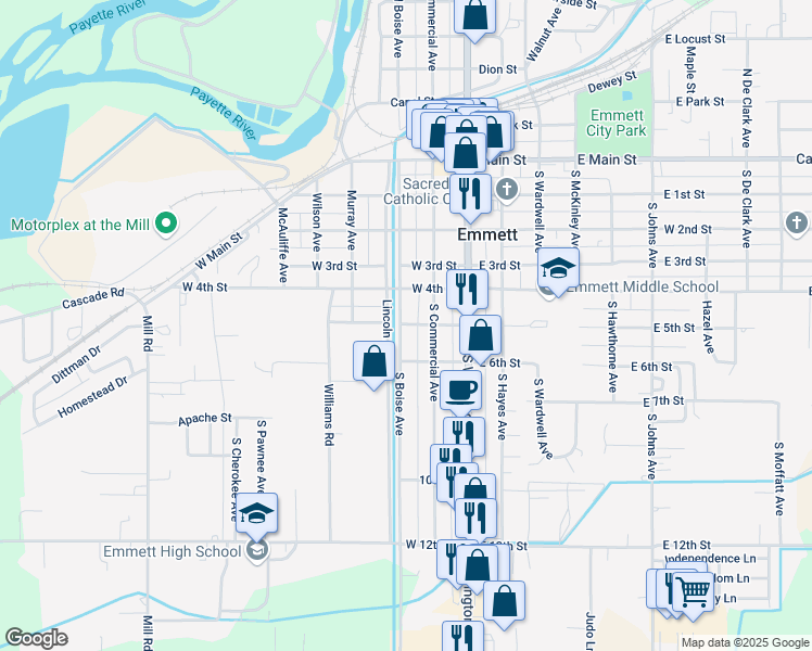 map of restaurants, bars, coffee shops, grocery stores, and more near 317 South Washington Avenue in Emmett
