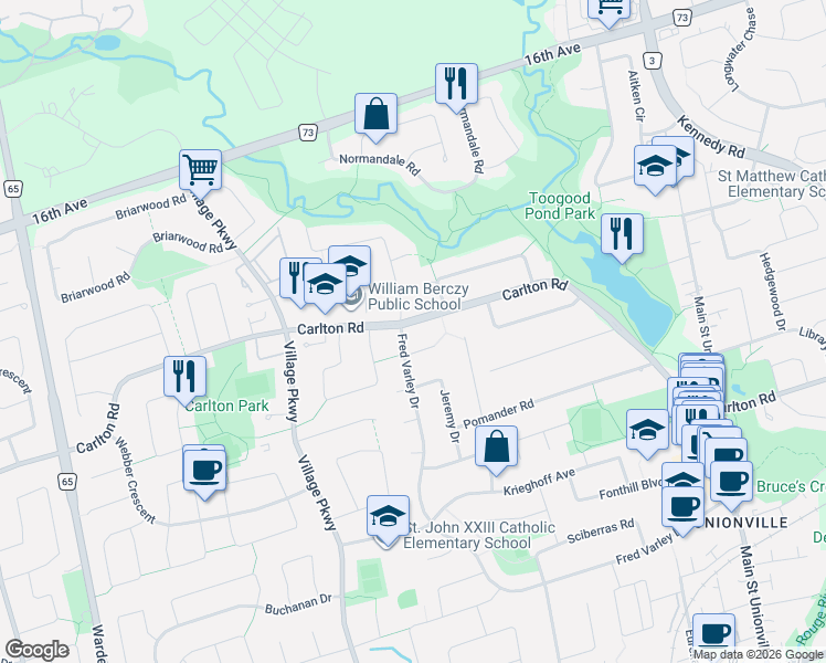 map of restaurants, bars, coffee shops, grocery stores, and more near 165 Carlton Road in Markham