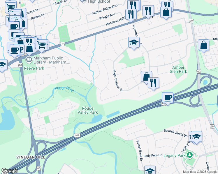 map of restaurants, bars, coffee shops, grocery stores, and more near 2 Squire Bakers Lane in Markham