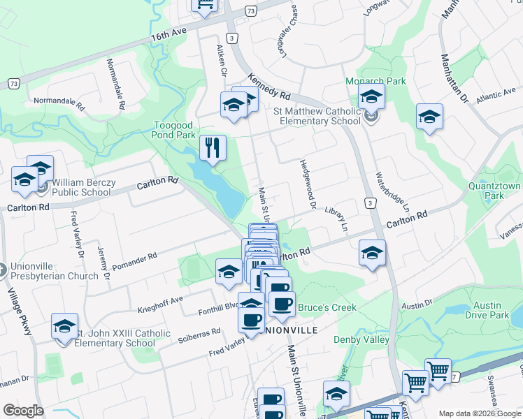 map of restaurants, bars, coffee shops, grocery stores, and more near 232 Main Unionville Street in Markham