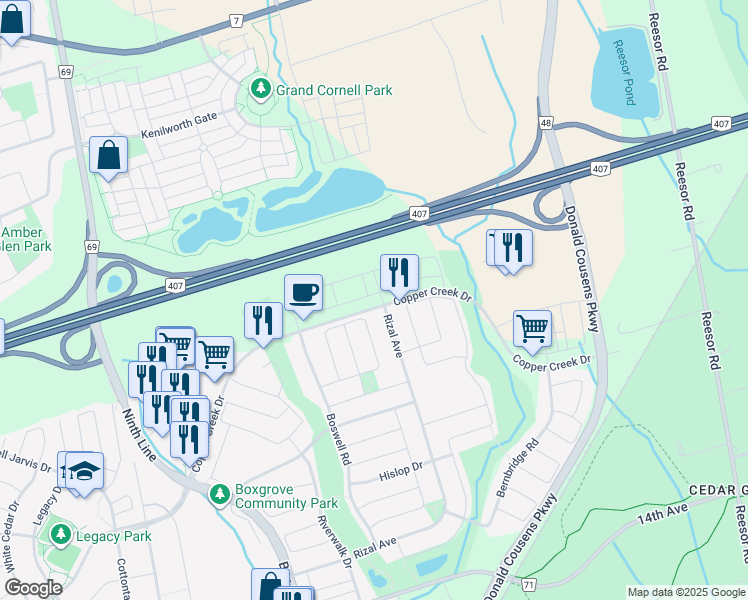 map of restaurants, bars, coffee shops, grocery stores, and more near 67 Luzon Avenue in Markham