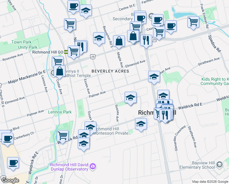 map of restaurants, bars, coffee shops, grocery stores, and more near 255 Sussex Avenue in Richmond Hill