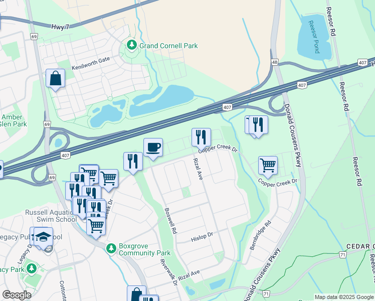 map of restaurants, bars, coffee shops, grocery stores, and more near 67 Luzon Avenue in Markham