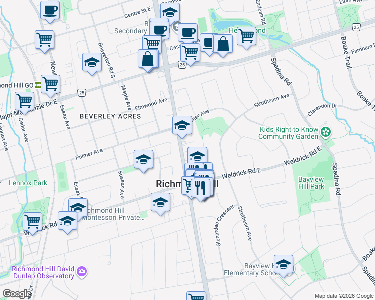 map of restaurants, bars, coffee shops, grocery stores, and more near 10 Dolan Lane in Richmond Hill
