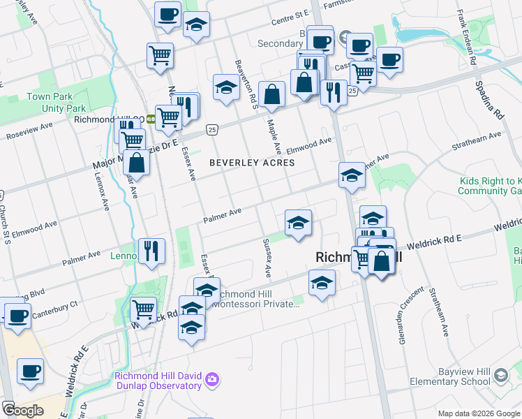 map of restaurants, bars, coffee shops, grocery stores, and more near 255 Sussex Avenue in Richmond Hill