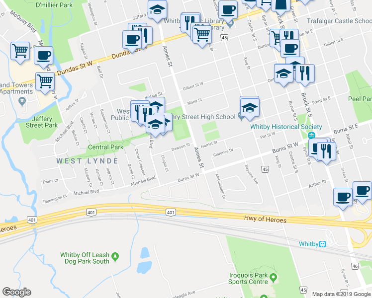 map of restaurants, bars, coffee shops, grocery stores, and more near 7 Dawson Street in Whitby