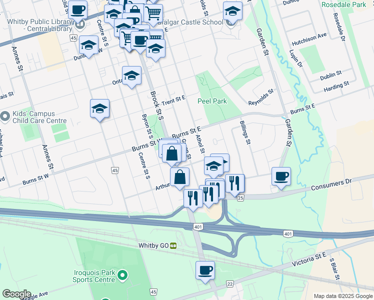 map of restaurants, bars, coffee shops, grocery stores, and more near Saint Peter Street in Whitby