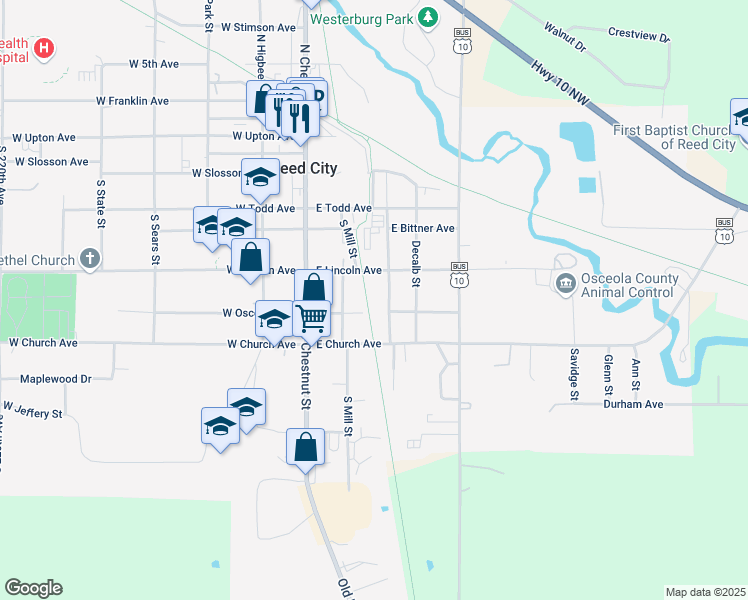 map of restaurants, bars, coffee shops, grocery stores, and more near 523 Morse Street in Reed City
