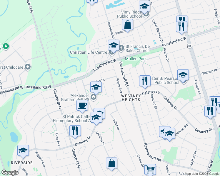 map of restaurants, bars, coffee shops, grocery stores, and more near 20 Howes Street in Ajax