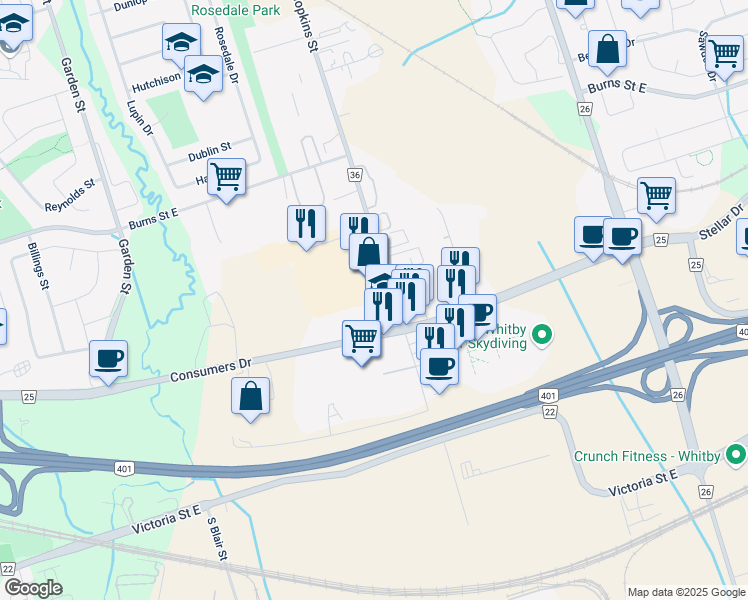 map of restaurants, bars, coffee shops, grocery stores, and more near 1450 Hopkins Street in Whitby