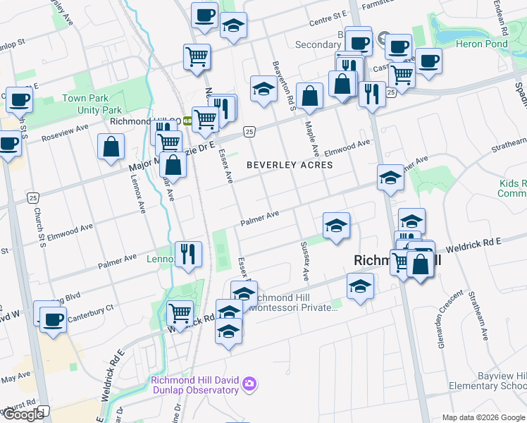 map of restaurants, bars, coffee shops, grocery stores, and more near 315 Palmer Avenue in Richmond Hill