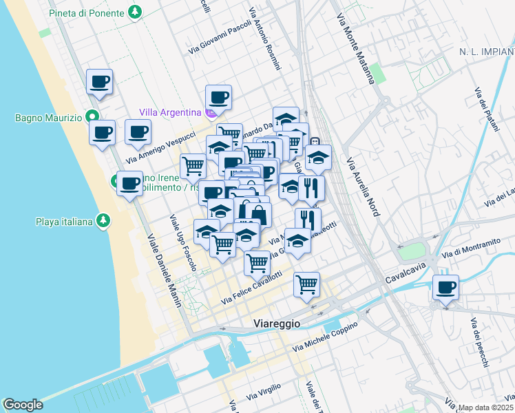 map of restaurants, bars, coffee shops, grocery stores, and more near 163 Via Vittorio Veneto in Viareggio