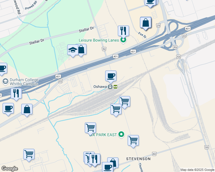 map of restaurants, bars, coffee shops, grocery stores, and more near 915 Bloor Street West in Oshawa