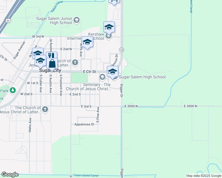 map of restaurants, bars, coffee shops, grocery stores, and more near 1 Digger Drive in Sugar City