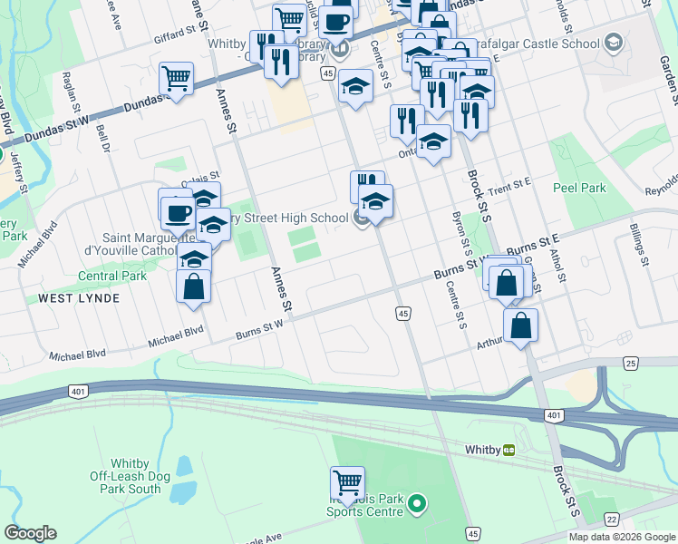 map of restaurants, bars, coffee shops, grocery stores, and more near 616 Clarence Drive in Whitby