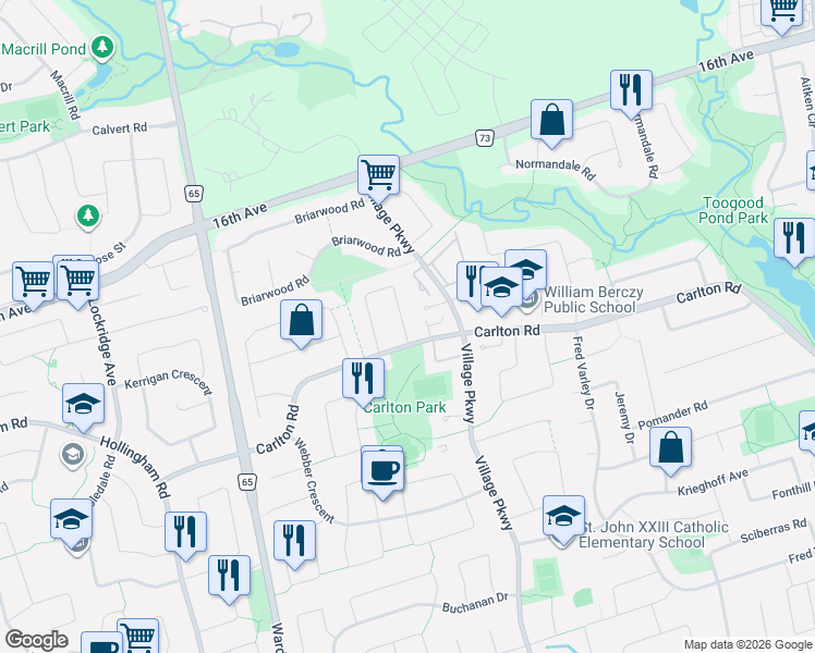map of restaurants, bars, coffee shops, grocery stores, and more near 64 Summerfeldt Crescent in Markham