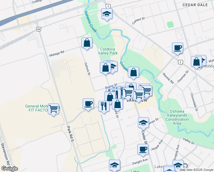 map of restaurants, bars, coffee shops, grocery stores, and more near 980 Glen Street in Oshawa
