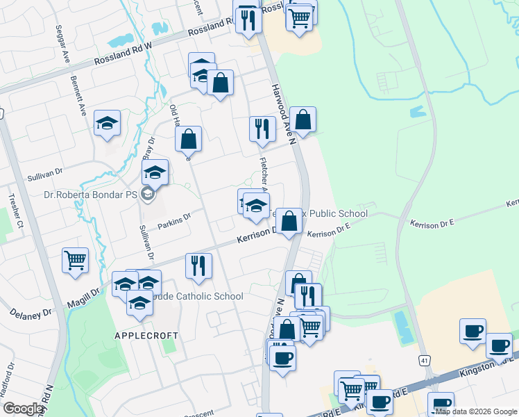 map of restaurants, bars, coffee shops, grocery stores, and more near 16 Fletcher Avenue in Ajax