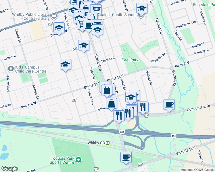 map of restaurants, bars, coffee shops, grocery stores, and more near 915 Brock Street South in Whitby