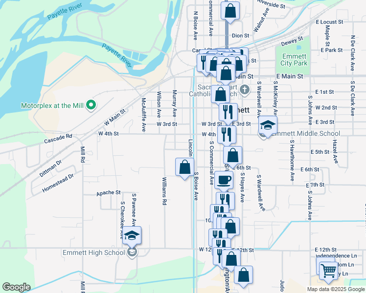 map of restaurants, bars, coffee shops, grocery stores, and more near 310 West 5th Street in Emmett