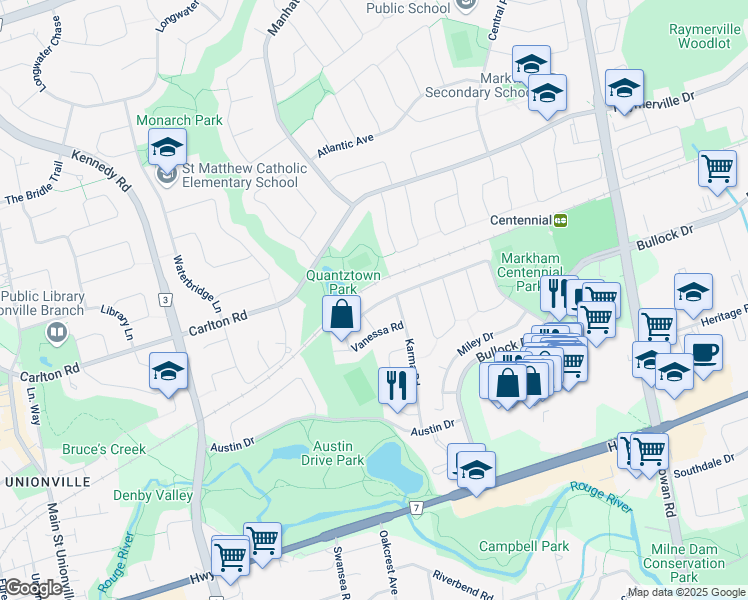 map of restaurants, bars, coffee shops, grocery stores, and more near 160 Markville Road in Markham