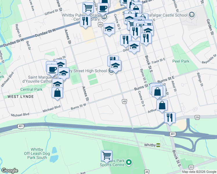 map of restaurants, bars, coffee shops, grocery stores, and more near 610 Clarence Drive in Whitby