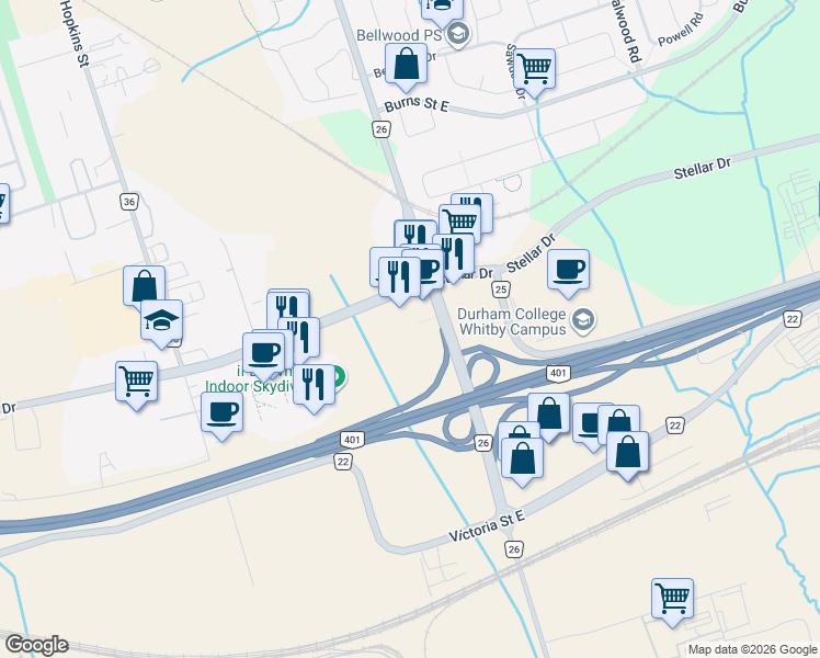 map of restaurants, bars, coffee shops, grocery stores, and more near 25 Consumers Drive in Whitby