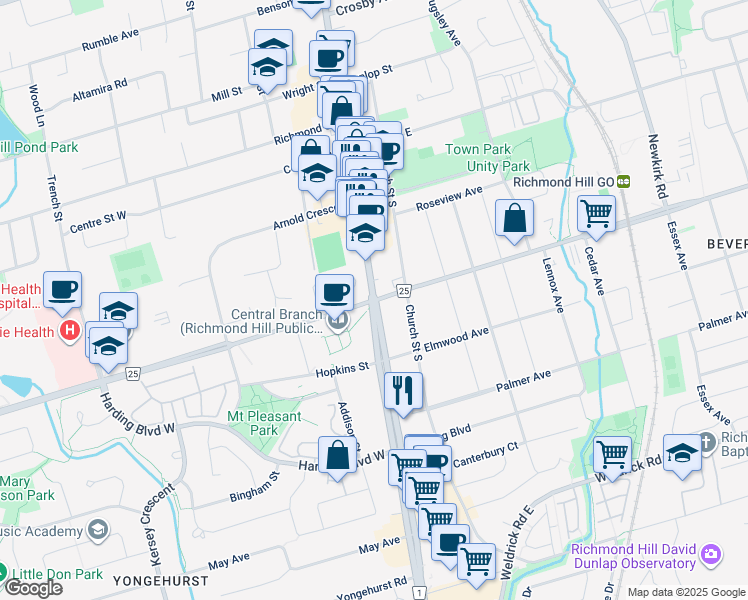 map of restaurants, bars, coffee shops, grocery stores, and more near Major Mackenzie Dr E & Yonge St in Richmond Hill