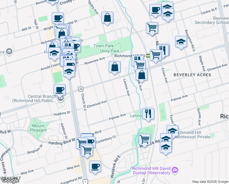 map of restaurants, bars, coffee shops, grocery stores, and more near Lawrence Avenue in Richmond Hill