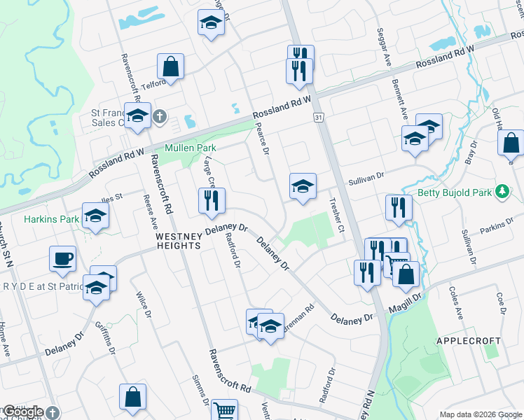map of restaurants, bars, coffee shops, grocery stores, and more near 4 Dakin Drive in Ajax