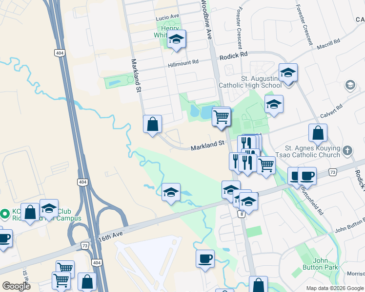 map of restaurants, bars, coffee shops, grocery stores, and more near 119 Markland Street in Markham