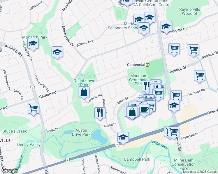 map of restaurants, bars, coffee shops, grocery stores, and more near 98 Madsen Crescent in Markham