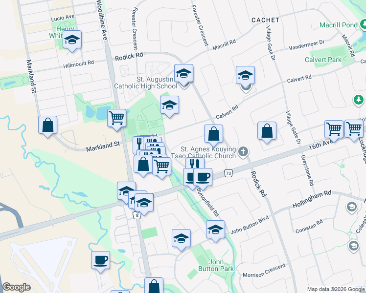map of restaurants, bars, coffee shops, grocery stores, and more near 7 Holmesdale Drive in Markham