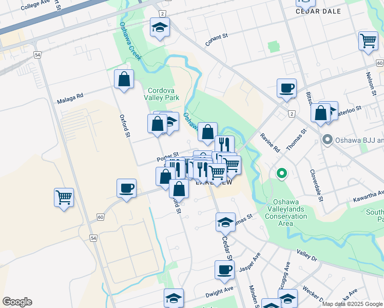 map of restaurants, bars, coffee shops, grocery stores, and more near 995 Cedar Street in Oshawa